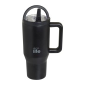 Ecolife Ανοξείδωτο Ποτήρι Θερμός με Καλαμάκι 2Handles Lid Rich Black 900ml