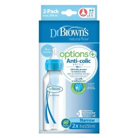 Dr. Browns Natural Flow Anti Collic Μπιμπερό Πλαστικό Options+ Στενό Λαιμό 250 ml Μπλε 2 τεμ - SB 82405