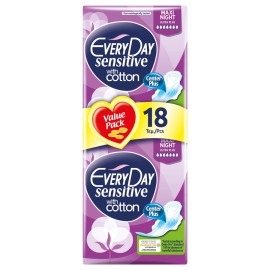 Every Day Sensitive Maxi Night Ultra Plus Value Pack Πολύ Λεπτές Σερβιέτες με Βαμβακερό Κάλυμμα, Ιδανικές για τη Νύχτα 18 τεμ