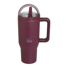 Ecolife Ανοξείδωτο Ποτήρι Θερμός με Καλαμάκι 2Handles Lid Cranberry 900ml