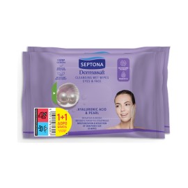 Septona Dermasoft Cleansing Wet Wipes Eyes & Face Μαντηλάκια Ντεμακιγιάζ Προσώπου, Ματιών με Υαλουρονικό Οξύ 20 τεμ 1+1 Δώρο