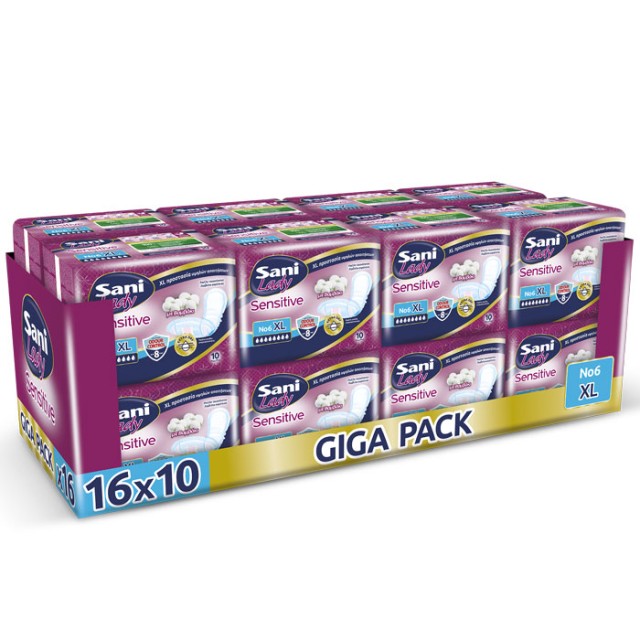 Sani Sensitive Lady Discreet With Cotton Monthly Pack No6 XL Σερβιέτες Ακράτειας με Βαμβάκι (16x10 τεμ) 160τεμ product photo