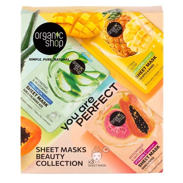 Natura Siberica Organic Shop Promo Sheet Masks Beauty Collection με Collagen Boost Sheet Mask Basic για Σύσφιξη & Ανόρθωση 1τεμ, Hyaluron Solution Sheet Mask Basic για Ενυδάτωση 1τεμ & Vitamin C Sheet product photo