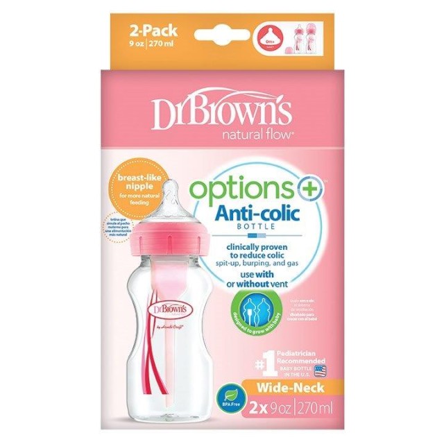 Dr. Browns Natural Flow Anti Collic Μπιμπερό Πλαστικό Options+ Φαρδύ Λαιμό 270 ml Ροζ 2 τεμ - WB 92601 product photo