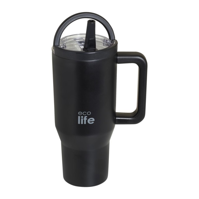 Ecolife Ανοξείδωτο Ποτήρι Θερμός με Καλαμάκι 2Handles Lid Rich Black 900ml product photo