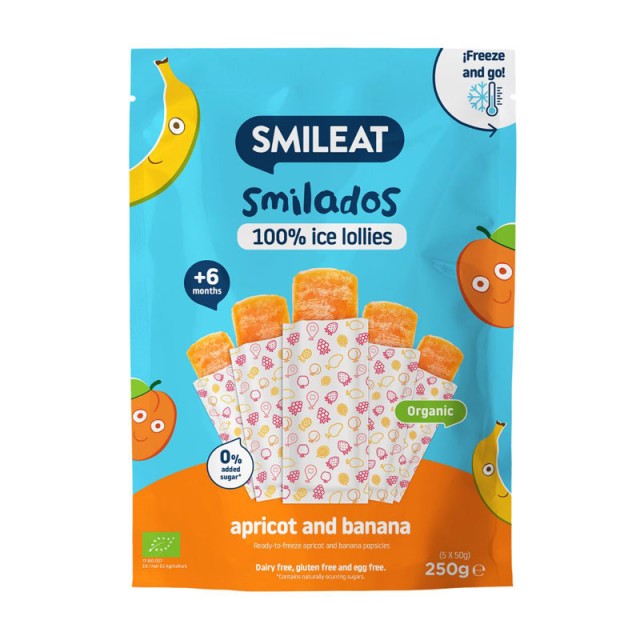 Smileat Organic Smilado Βρεφικές Γρανίτες από 100% Βιολογικό Πολτό Φρούτων, Βερίκοκο & Μπανάνα, Χωρίς Γλουτένη από τον 6ο Μήνα (5 x 50g) 250gr product photo