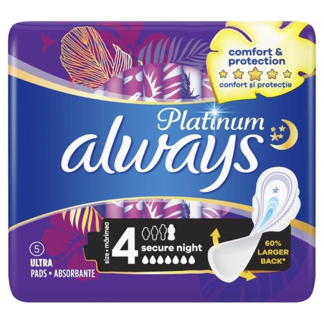 Always Platinum Secure Night (Μέγεθος 4) Σερβιέτες Με Φτερά 5 pads product photo