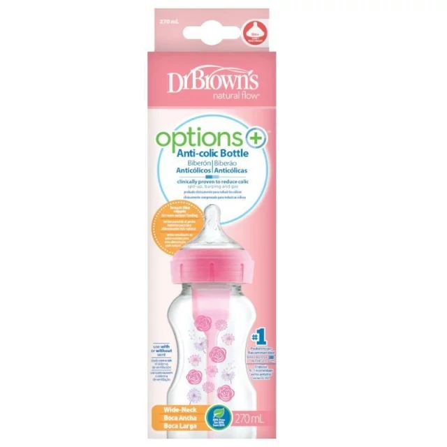 Dr. Browns Natural Flow Anti Collic Μπιμπερό Πλαστικό Options+ Στενό Λαιμό 270 ml 1 τεμ Ροζ Σχέδιο λουλούδια - WB91801 product photo
