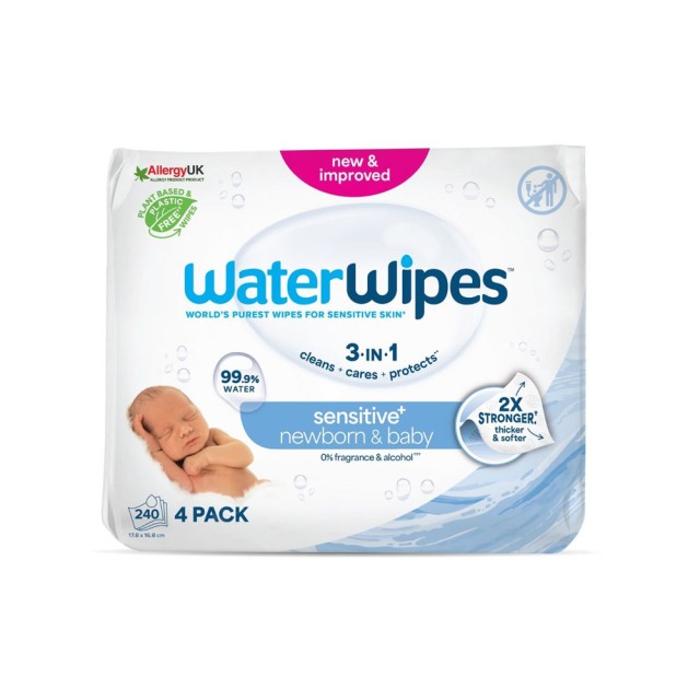 WaterWipes 100% Άοσμα Μωρομάντηλα 99,9% Νερό Ηλικίες 0+, (4x60τεμ), 240 Μαντηλάκια product photo