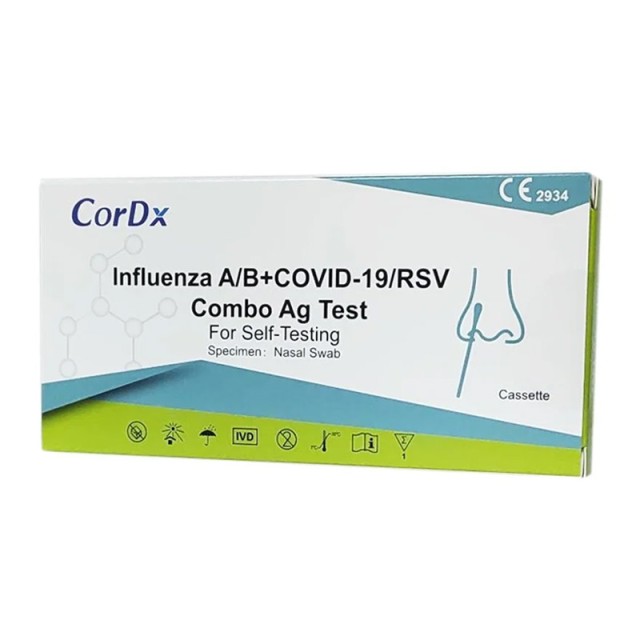 CorDX Influenza A/B & Covid-19/RSV Combo Ag Rapid Self Test - CE - 2934 - mark 1 Τεμάχιο product photo