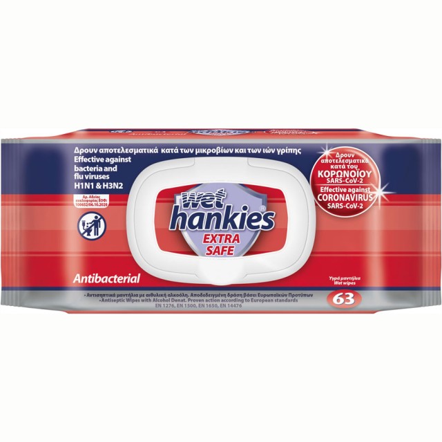 Wet Hankies Extra Safe Antibacterial Αντισηπτικά Μαντηλάκια που Δρουν Κατά των Μικροβίων & των Ιών Γρίπης 63 τεμ product photo