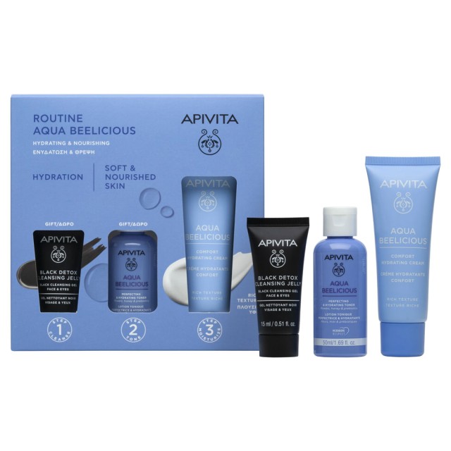 Apivita Promo Aqua Beelicious Comfort Hydrating Rich Texture Cream 40ml & Δώρο Aqua Beelicious Perfecting & Hydrating Toner 50ml & Δώρο Black Detox Cleansing Jelly Face & Eyes Gel 15ml product photo