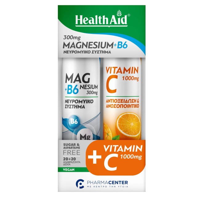 Health Aid Promo Magnesium+B6 300mg Lemon 20 effer.tabs & Vitamin C 1000mg Orange 20 effer.tabs product photo