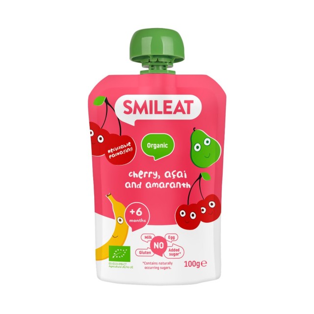 Smileat Organic Βιολογικός Πουρές Φρούτων σε Pouch, Κεράσι, Acai & Αμάρανθο, Χωρίς Γλουτένη, Χωρίς Προσθήκη Ζάχαρης, από τον 6ο Μήνα 100gr product photo