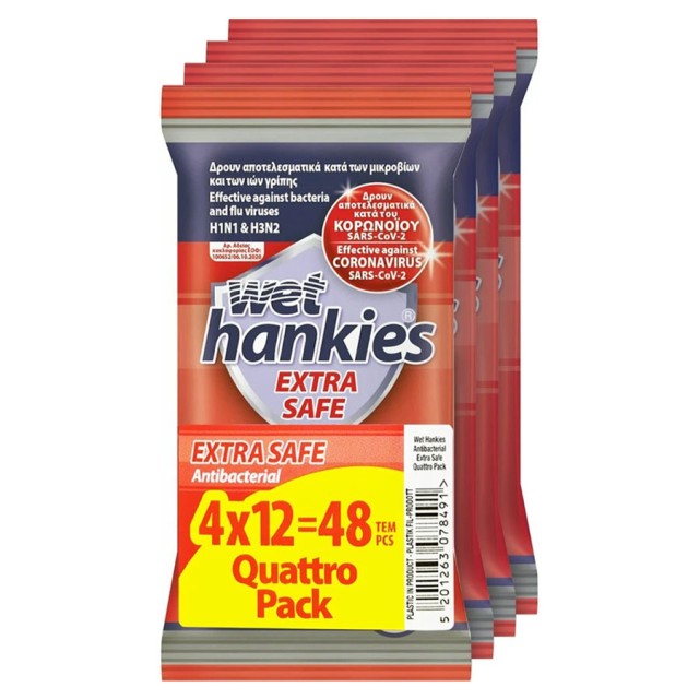 Wet Hankies Promo Pack Extra Safe Antibacterial (4x12τεμ) 48τεμ product photo