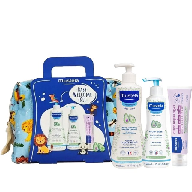 Mustela Promo Baby Welcome Kit Gentle Cleansing Gel for Hair, Body 500ml & Hydra Bebe Lait Corps Body Lotion 300ml & Barrier Cream 123 Vitamin 50ml & Δώρο Τσαντάκι product photo