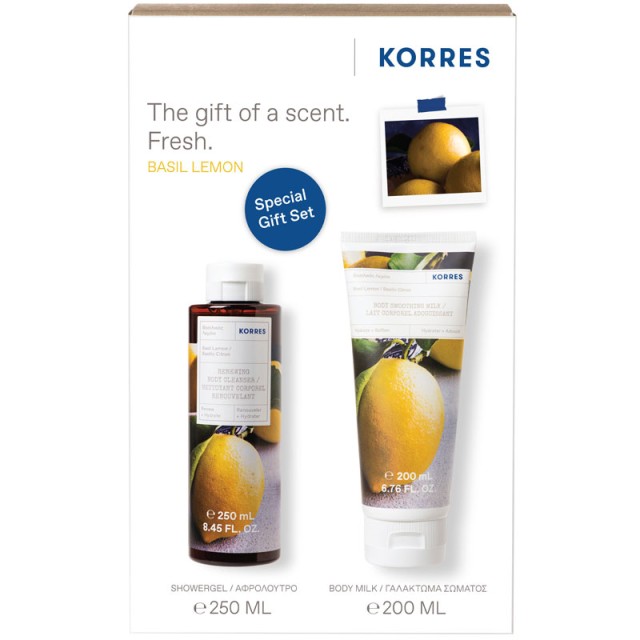 Korres Promo Renewing Body Cleanser Basil Lemon 250ml & Body Smoothing Milk Basil Lemon 200ml product photo