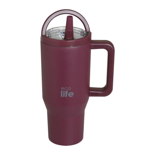 Ecolife Ανοξείδωτο Ποτήρι Θερμός με Καλαμάκι 2Handles Lid Cranberry 900ml product photo