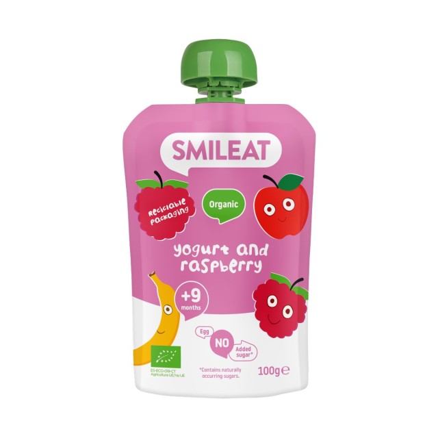 Smileat Organic Βιολογικός Πουρές Γιαούρτι & Raspberry σε Pouch, Χωρίς Γλουτένη, Χωρίς Προσθήκη Ζάχαρης, από τον 9ο Μήνα 100gr product photo