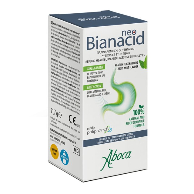 Aboca Neo Bianacid Για Οξύτητα & Παλινδρόμηση του Γαστροοισοφαγικού Βλεννογόνου με Κλασσική Γεύση Μέντας 14 Δισκία product photo