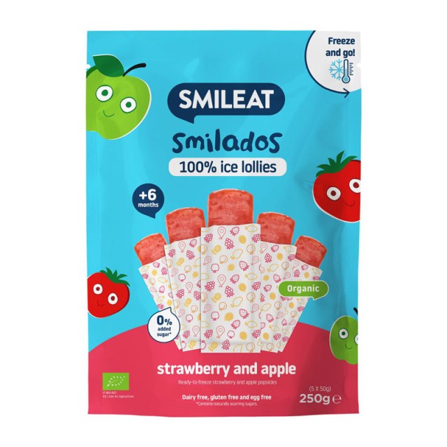 Smileat Organic Smilado Βρεφικές Γρανίτες, 100% Βιολογικός Πολτός Φρούτων, Φράουλα & Μήλο, Χωρίς Γλουτένη από τον 6ο Μήνα (5 x 50gr) 250gr product photo