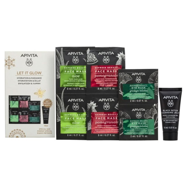Apivita Promo Express Beauty Moisturizing & Refreshing Aloe Face Mask 2x8ml & Revitalization Pomegranate Face Mask 2x8ml & Ginkgo Biloba Eye Mask 2x2ml & Δώρο Black Detox Cleansing Jelly 15ml product photo