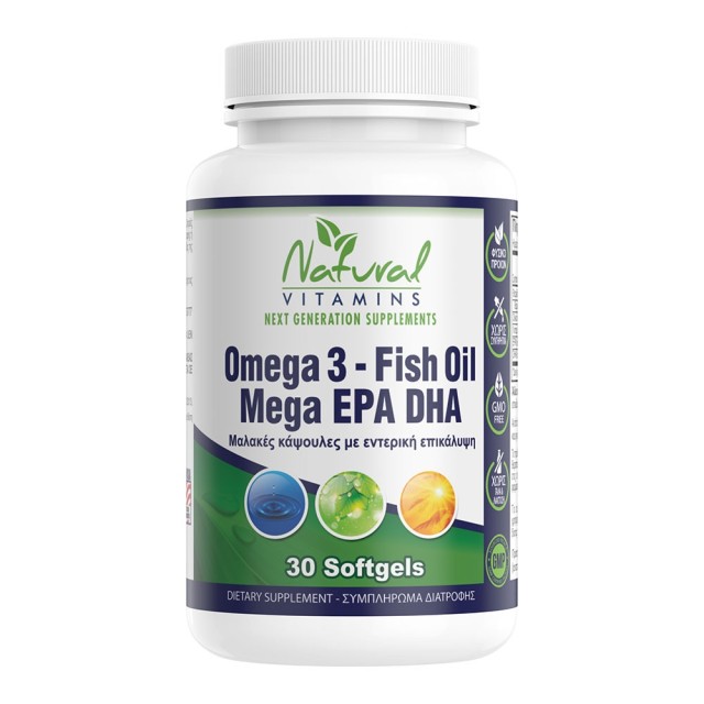 Natural Vitamins Fish Oil Ωμέγα 3 Λιπαρά πιο Πολλά EPA & DHA Χωρίς Μυρωδιά Ψαριού 60 Κάψουλες product photo