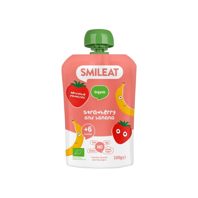Smileat Organic Βιολογικός Πουρές Φρούτων σε Pouch, Μπανάνα-Φράουλα, Χωρίς Γλουτένη, Χωρίς Προσθήκη Ζάχαρης, από τον 6ο Μήνα 100gr product photo