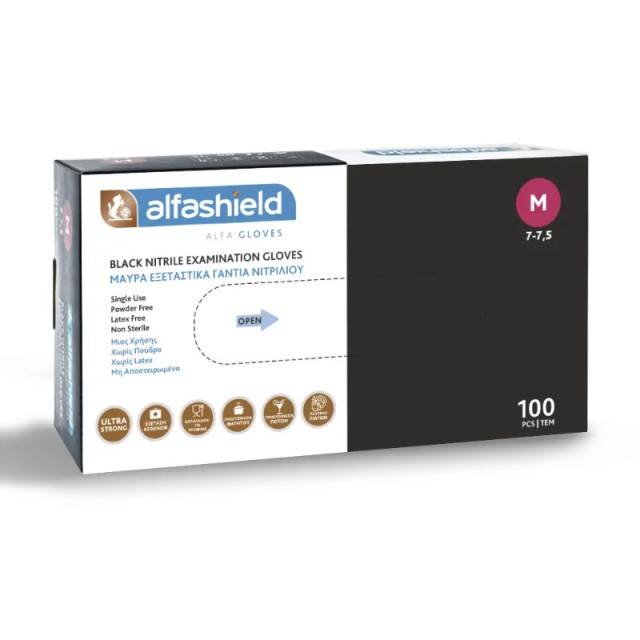 AlfaShield Black Nitrile Examination Gloves Εξεταστικά Γάντια Νιτριλίου Χωρίς Πούδρα Medium 100τεμ product photo