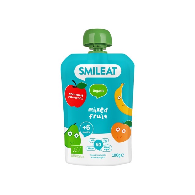 Smileat Organic Βιολογικός Πουρές Ανάμεικτων Φρούτων σε Pouch, Χωρίς Γλουτένη, Χωρίς Προσθήκη Ζάχαρης, από τον 6ο Μήνα 100gr product photo