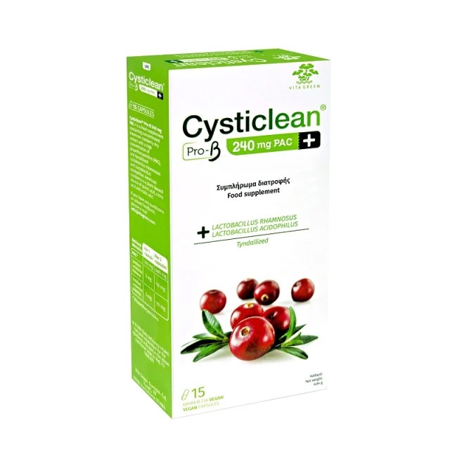 Vita Green Cysticlean Pro B 240mg PAC+ Συμπλήρωμα Διατροφής με Ξηρό Εκχύλισμα Βατόμουρου για το Ουροποιητικό 15 κάψουλες product photo