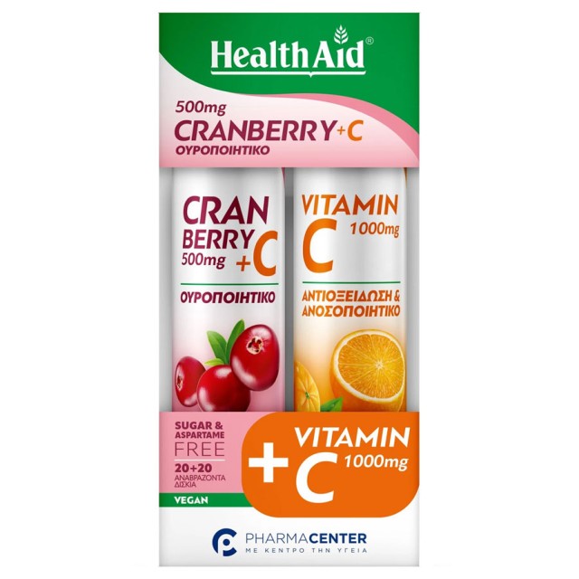 Health Aid Promo Cranberry 500mg Plus Vitamin C 100mg Natural Flavor 20 effer.tabs & Vitamin C 1000mg Orange 20 effer.tabs product photo