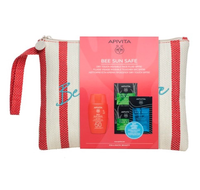 Apivita Promo Bee Sun Safe Dry Touch Invisible Face Fluid Spf50 with Marine 50ml, Express Beauty  Face Mask with Aloe 2x8ml, Express Beauty Moisturizing Hair Mask Hyaluronic Acid & Δώρο Νεσεσέρ product photo