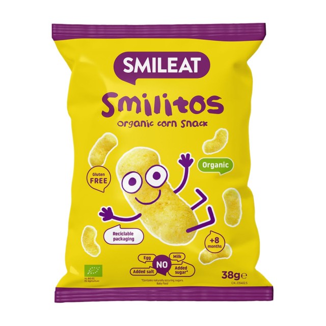 Smileat Organic Smilitos Βιολογικό Βρεφικό Σνακ Καλαμποκιού, Χωρίς Γλουτένη, Κατάλληλη από τον 8ο Μήνα 38gr product photo