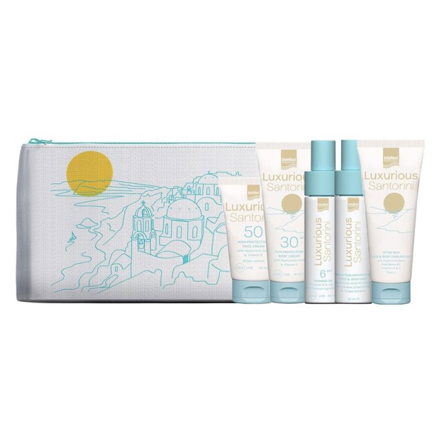 Luxurious Promo Sun Care Santorini Face Cream SPF50 40ml, Body Cream SPF30 75ml, After Sun Cooling Gel 75ml, Tanning Oil SPF6 50ml, Hydrating Face & Body Mist 50ml & Νεσεσέρ product photo