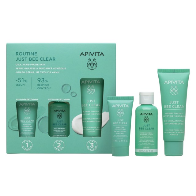 Apivita Promo Just Bee Clear Blemish Control Mattifying Moisturizer 40ml & Δώρο Purifying Cleanser Gel 15ml & Δώρο Pore Minimizing Purifying Lotion 50ml product photo