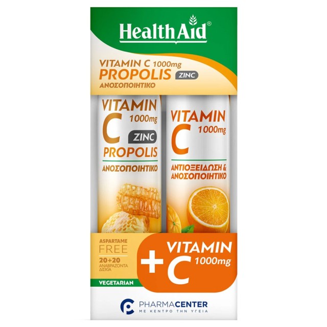 Health Aid Promo Vitamin C 1000mg, Propolis & Zinc Honey - Lemon 20 Effer.tabs & Vitamin C 1000mg Orange 20 Effer.tabs product photo