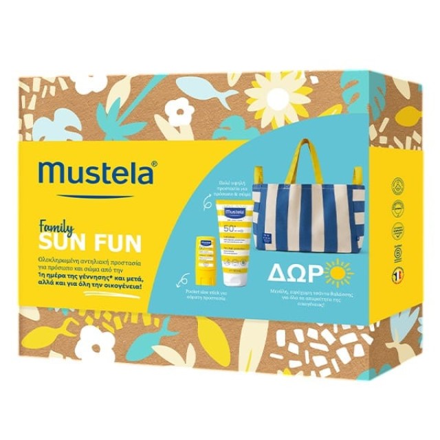 Mustela Promo Family Very High Protection Sun Lotion Spf50+ 100ml & High Protection Sun Stick Spf50 9ml & Δώρο Τσάντα Θαλάσσης product photo