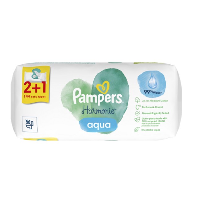 Pampers Harmonie Aqua Baby Wipes Μωρομάντηλα (3x48τεμ) 144 Μαντηλάκια product photo