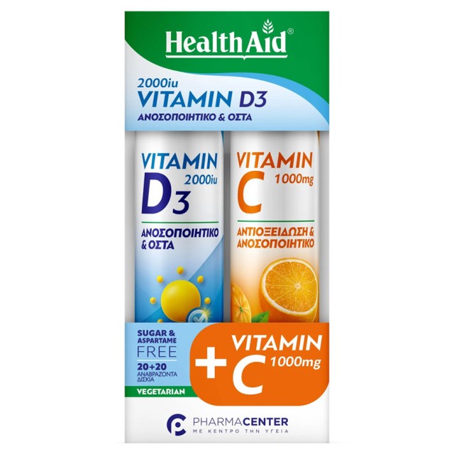 Health Aid Promo Vitamin D3 2000iu Orange 20 effer.tabs & Vitamin C 1000mg Orange 20 effer.tabs product photo