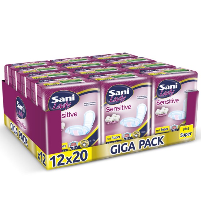 Sani Sensitive Lady Discreet With Cotton Monthly Pack No5 Super Σερβιέτες Ακράτειας με Βαμβάκι (12x20τεμ) 240τεμ product photo