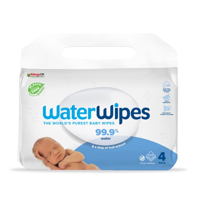 WaterWipes 100% Άοσμα Μωρομάντηλα 99,9% Νερό Ηλικίες 0+, (4x60τεμ), 240 Μαντηλάκια product photo
