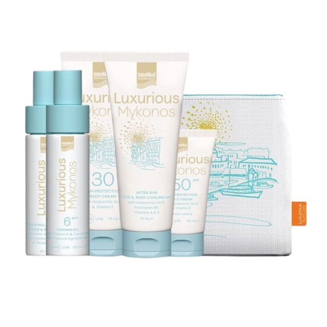 Luxurious Promo Sun Care Mykonos Face Cream SPF50 40ml, Body Cream SPF30 75ml, After Sun Cooling Gel 75ml, Tanning Oil SPF6 50ml, Hydrating Face & Body Mist 50ml & Νεσεσέρ product photo