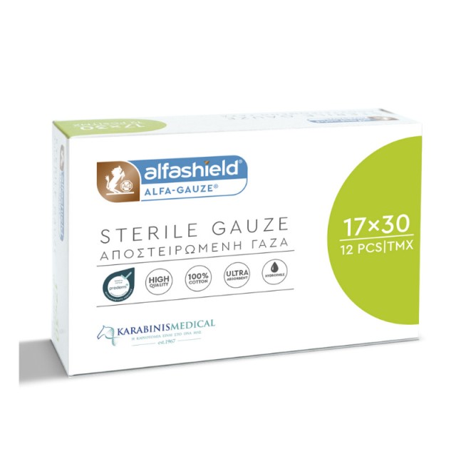 AlfaShield Alfa Gauze Sterile Αποστειρωμένη Γάζα με Υδρόφιλο Βαμβάκι 17x30cm 12τεμ product photo