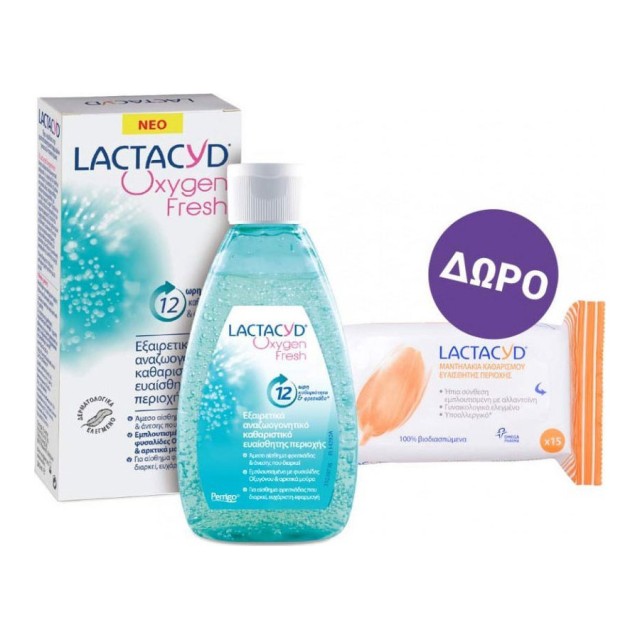 Lactacyd Oxygen Fresh Wash Εξαιρετικά Αναζωογονητικό Καθαριστικό της Ευαίσθητης Περιοχής 200ml & Δώρο Intimate Wipes 15τεμ product photo