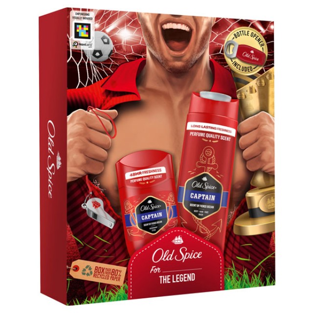 Old Spice Promo XMas Footballer Captain Body / Hair / Face Wash 250ml, Captain Deodorant Stick 50ml & Bottle Opener product photo