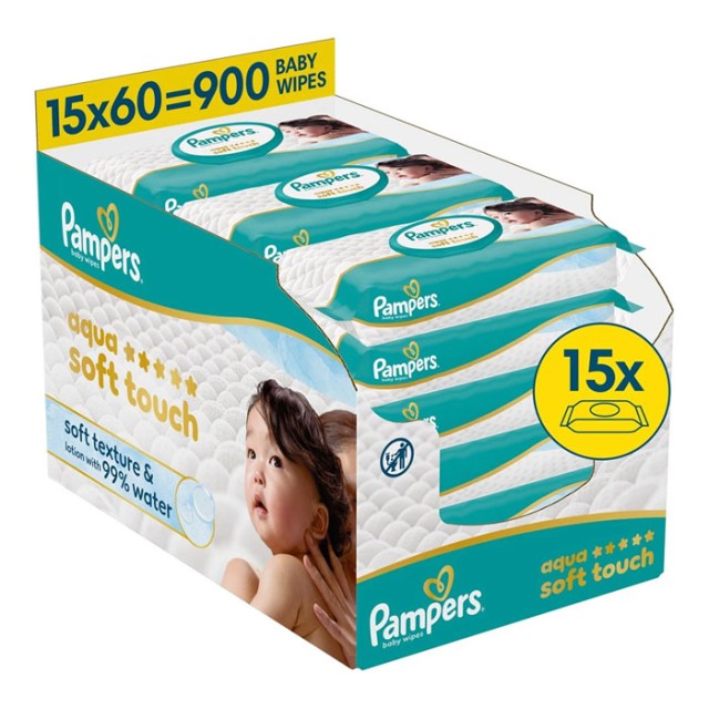 Pampers Aqua Soft Touch Baby Wipes 900 Τεμάχια (15x60 Τεμάχια) product photo