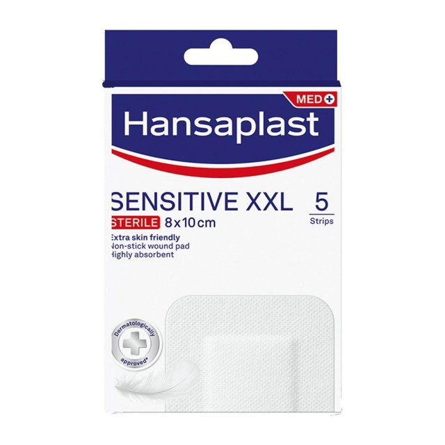 Hansaplast Sensitive XXL Sterile Αποστειρωμένα Επιθέματα για Μεγαλύτερες Πληγές & Μετεγχειρητικά Τραύματα 8cm x 10cm 5 τεμ product photo