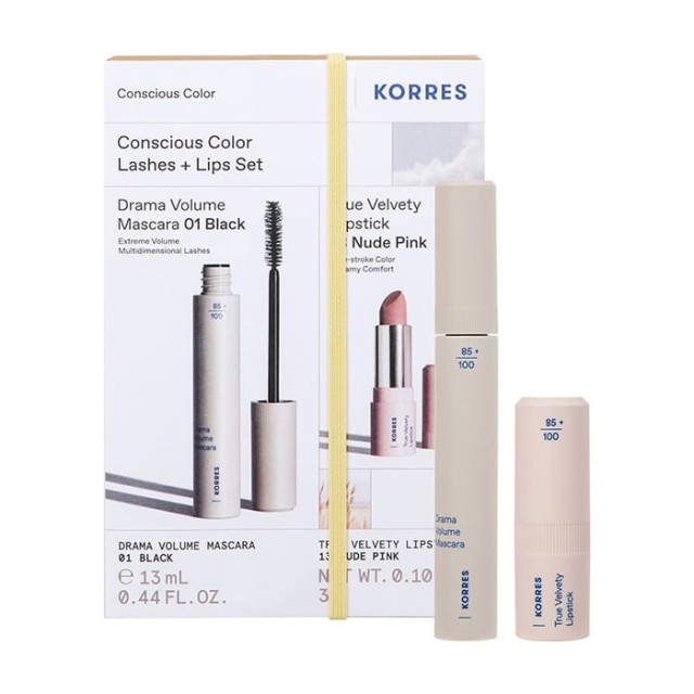 Korres Promo Conscious Color Laches & Lip Set Drama Volume Mascara 01 Black Μαύρη Μάσκαρα για Έντονο Μήκος & Όγκο 13ml & True Velvety Κραγιόν 13 Nude Pink 3gr product photo
