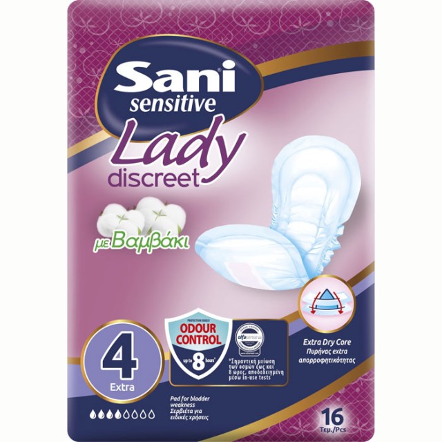 Sani Sensitive Lady Discreet With Cotton No4 Extra Σερβιέτες Ακράτειας με Βαμβάκι 16 τεμ product photo